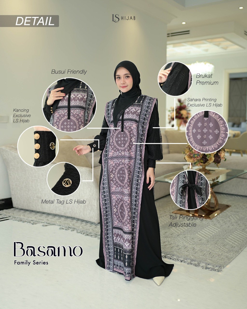 LS HIJAB| Basamo Dress Gamis Couple Busui Friendly Wanita Muslim Motif Premium