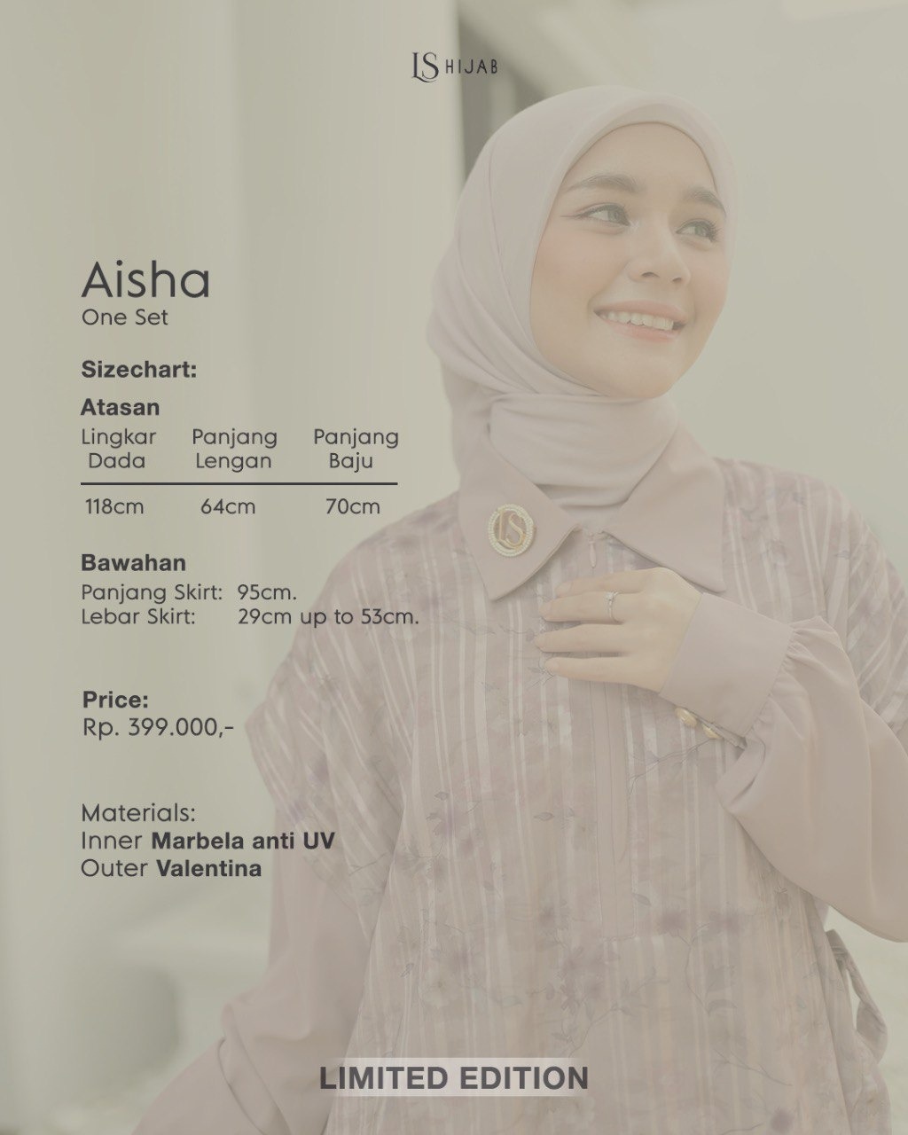 LS Hijab| Aisha Oneset Blouse Set Rok Muslimah Anti UV