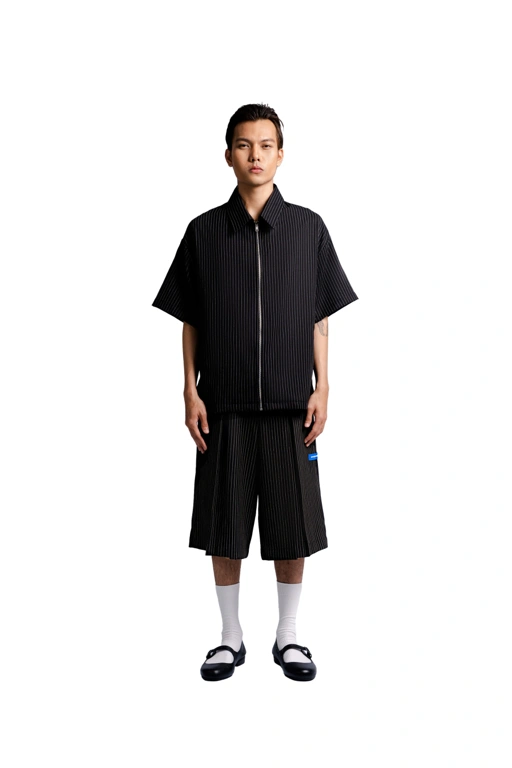 Image of Boxy Zipper Shirt in Black Pinstripe