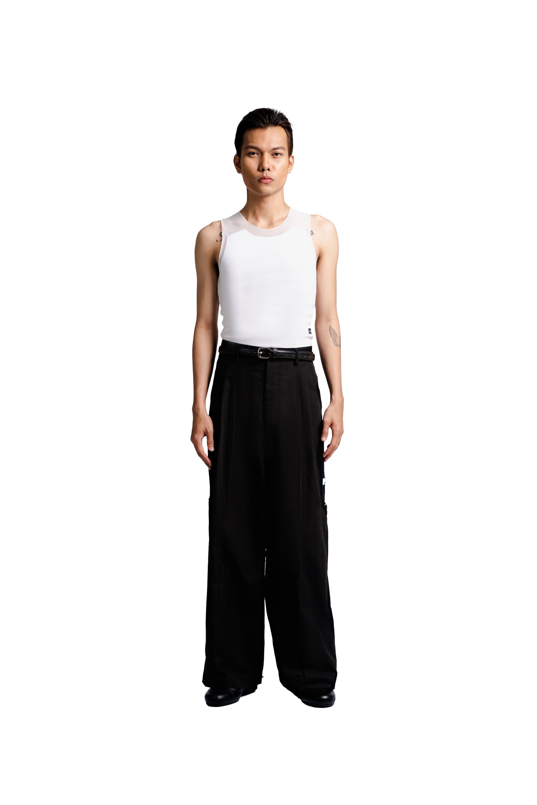 Double Pleated Trousers Thigh Welt Pocket in Black