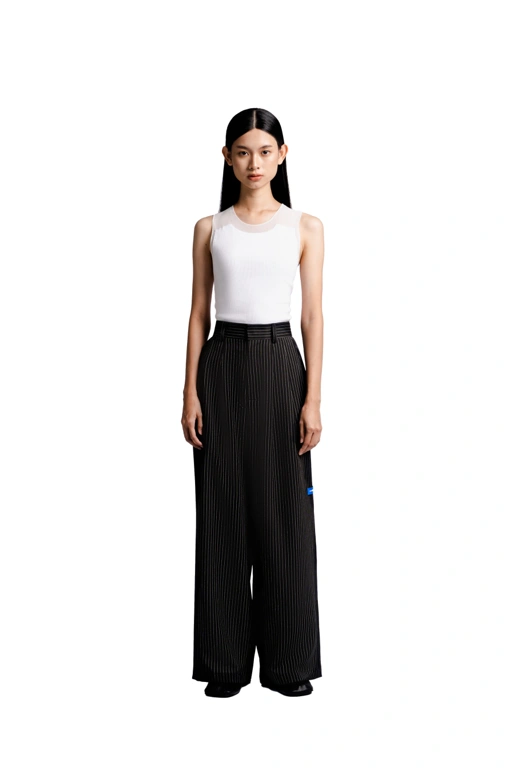 Image of Double Pleated Trousers in Black Pinstripe