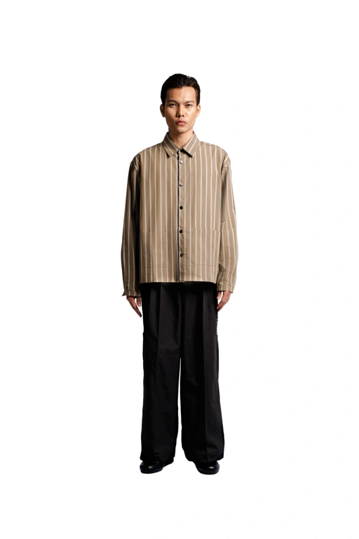 Image of Open Back Long Sleeve Shirt in Olive Stripes