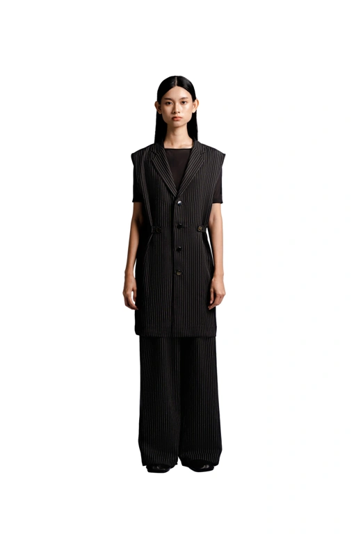 Image of Adjustable Waist Vest in Black Pinstripe