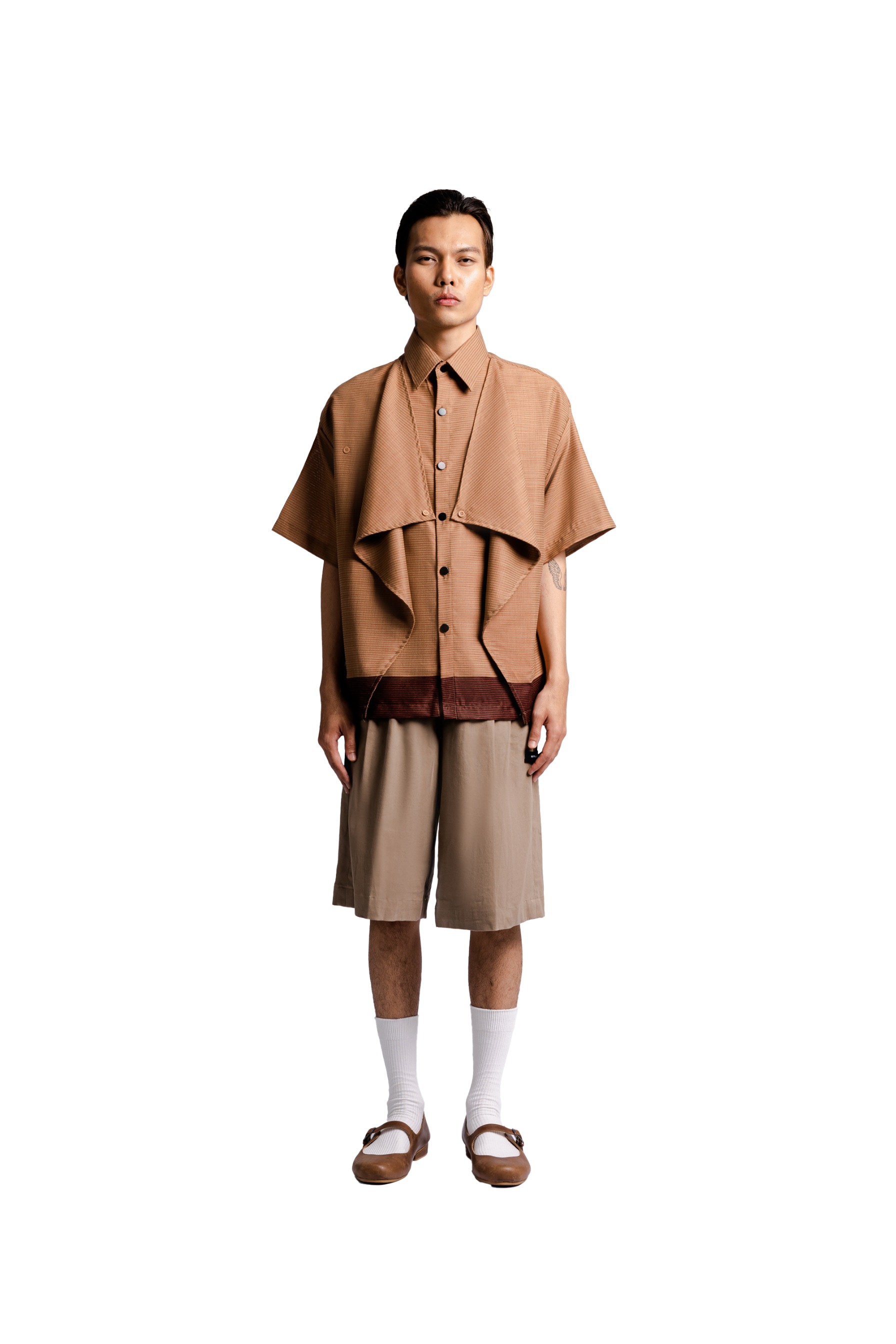 Overlap Multi Layered Shirt in Brown-Red Stripes