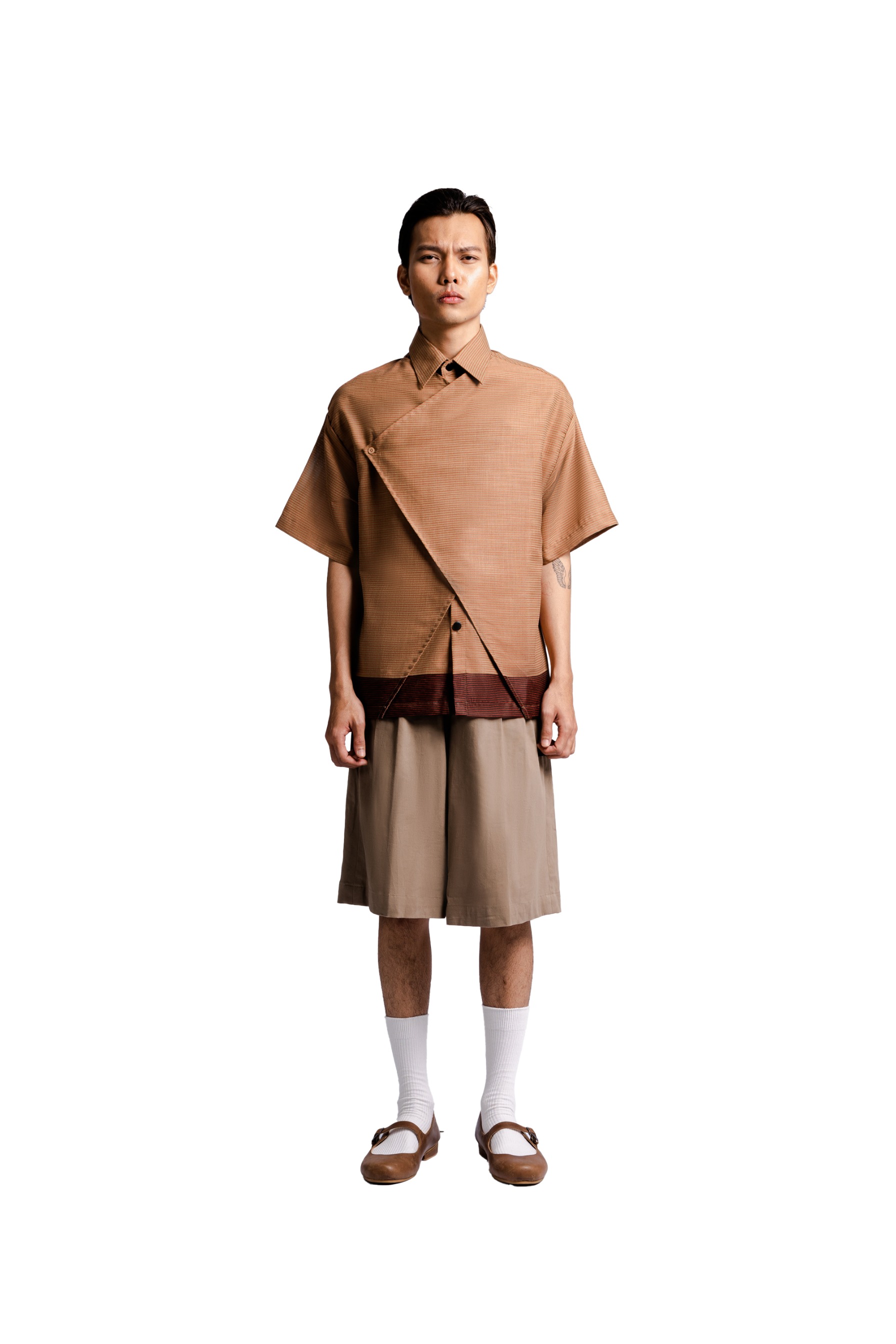 Overlap Multi Layered Shirt in Brown-Red Stripes