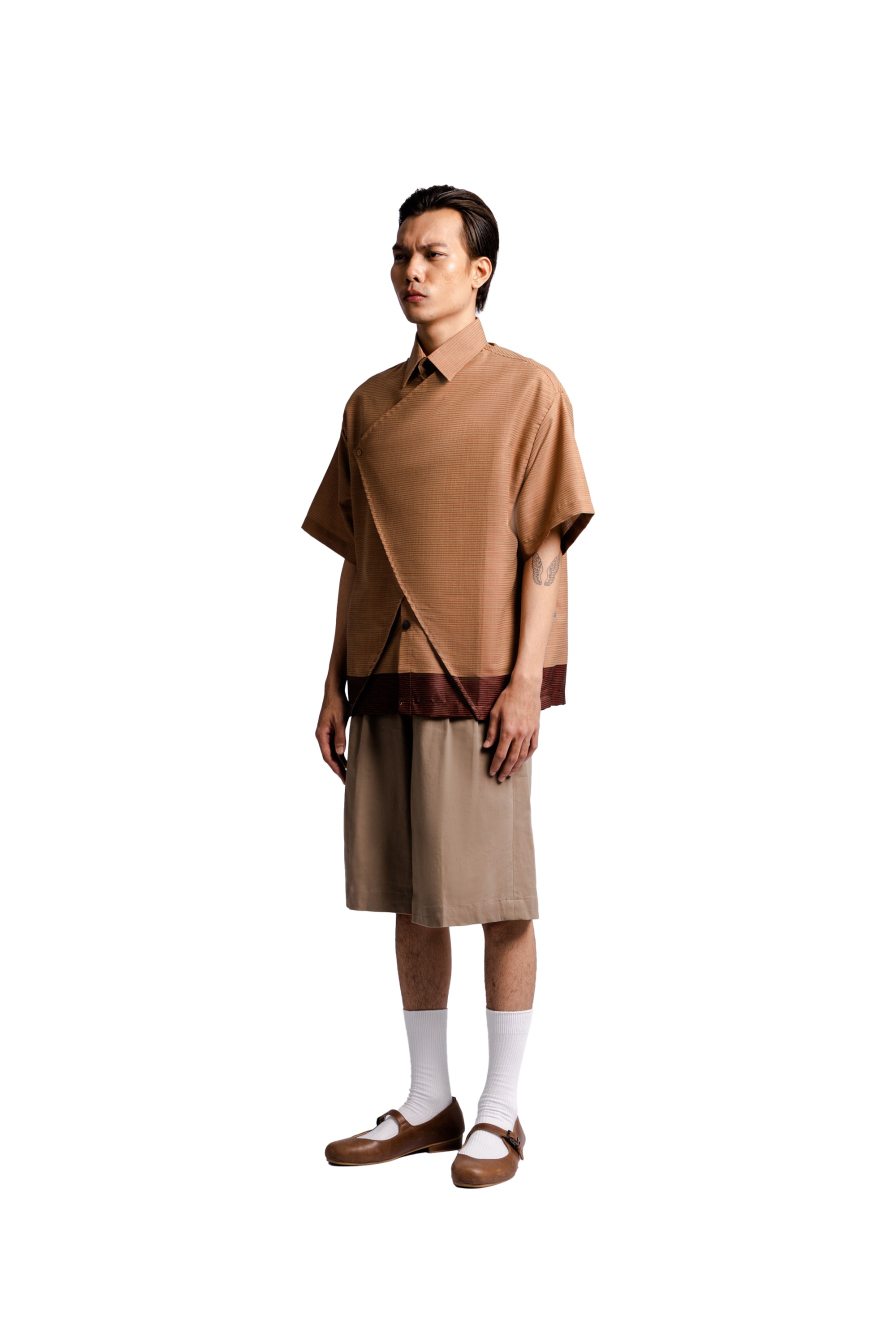 Overlap Multi Layered Shirt in Brown-Red Stripes