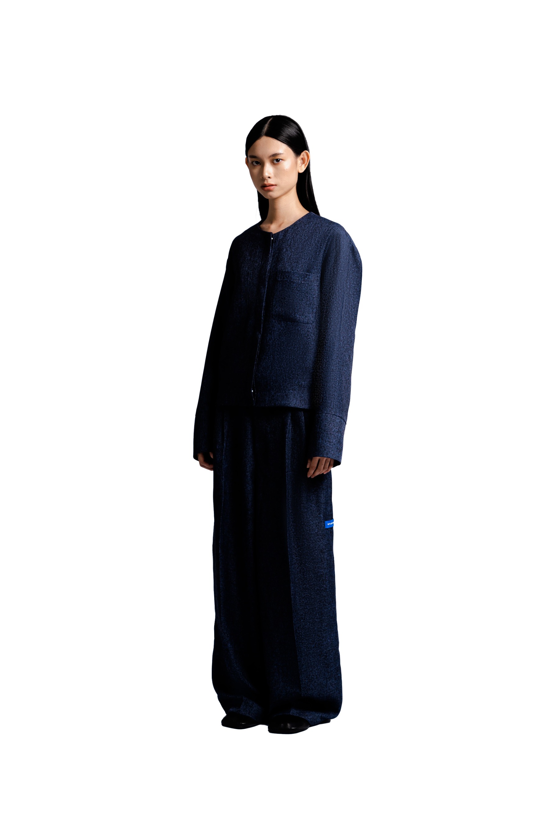 Collarless Jacket in Navy Tweed