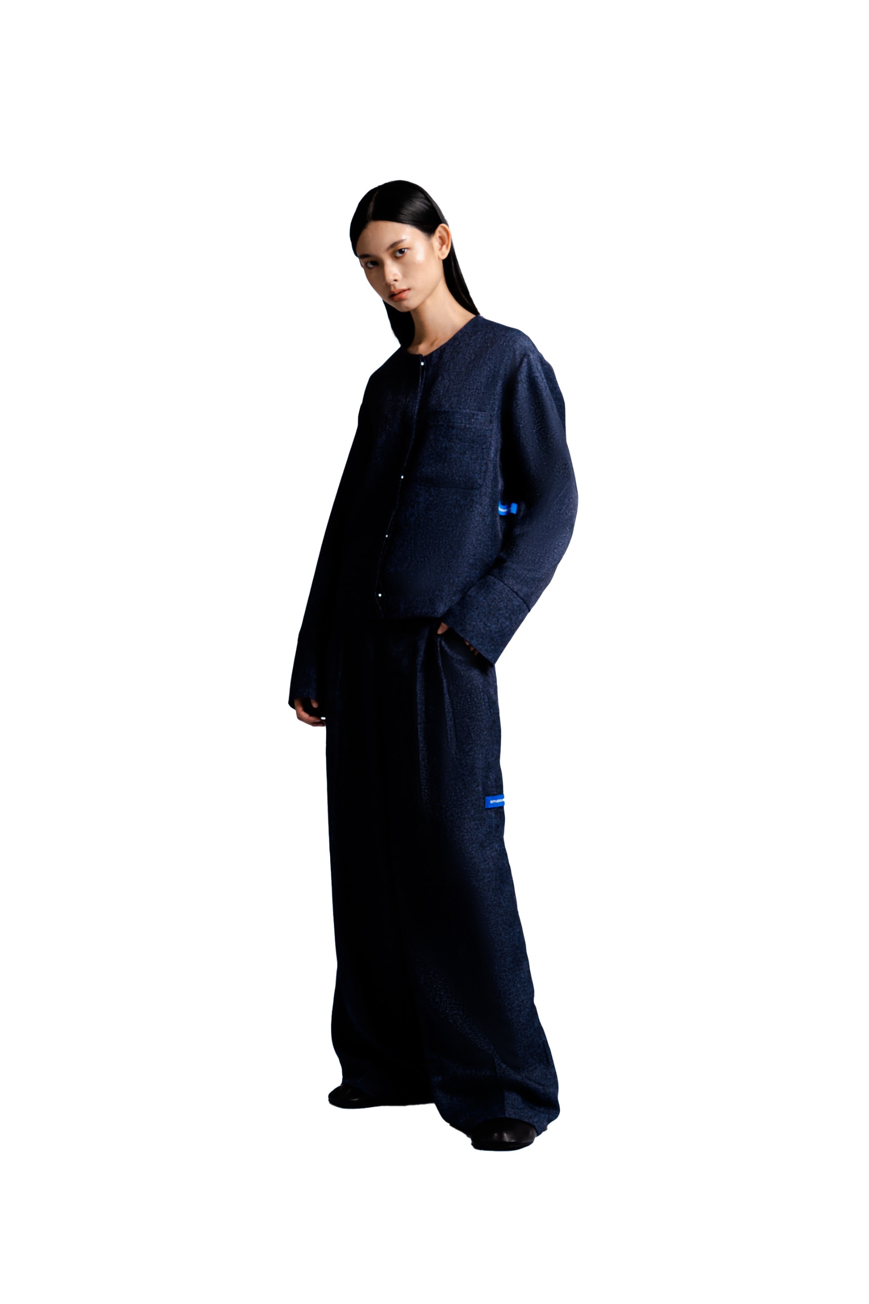 Collarless Jacket in Navy Tweed