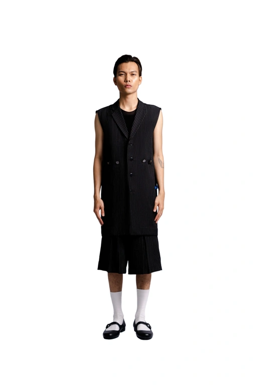 Image of Adjustable Waist Vest in Black Pinstripe