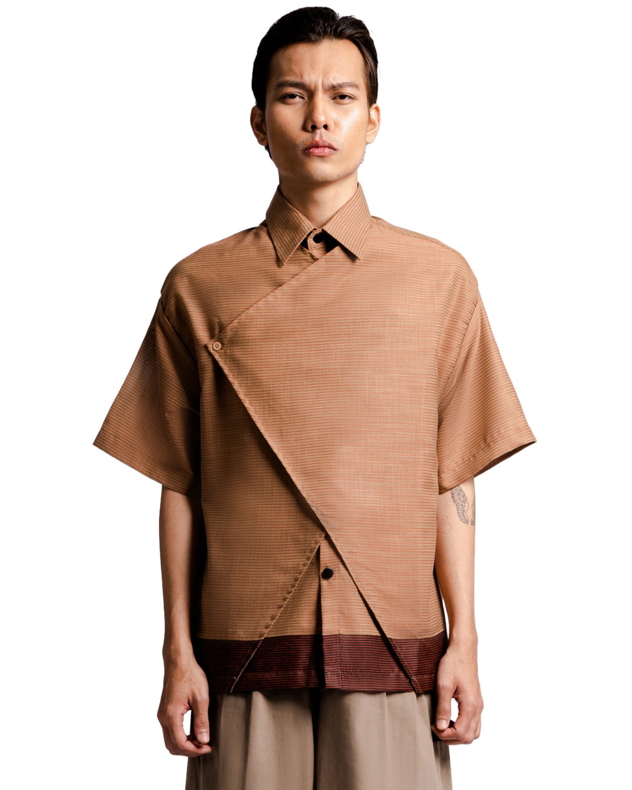 Overlap Multi Layered Shirt in Brown-Red Stripes