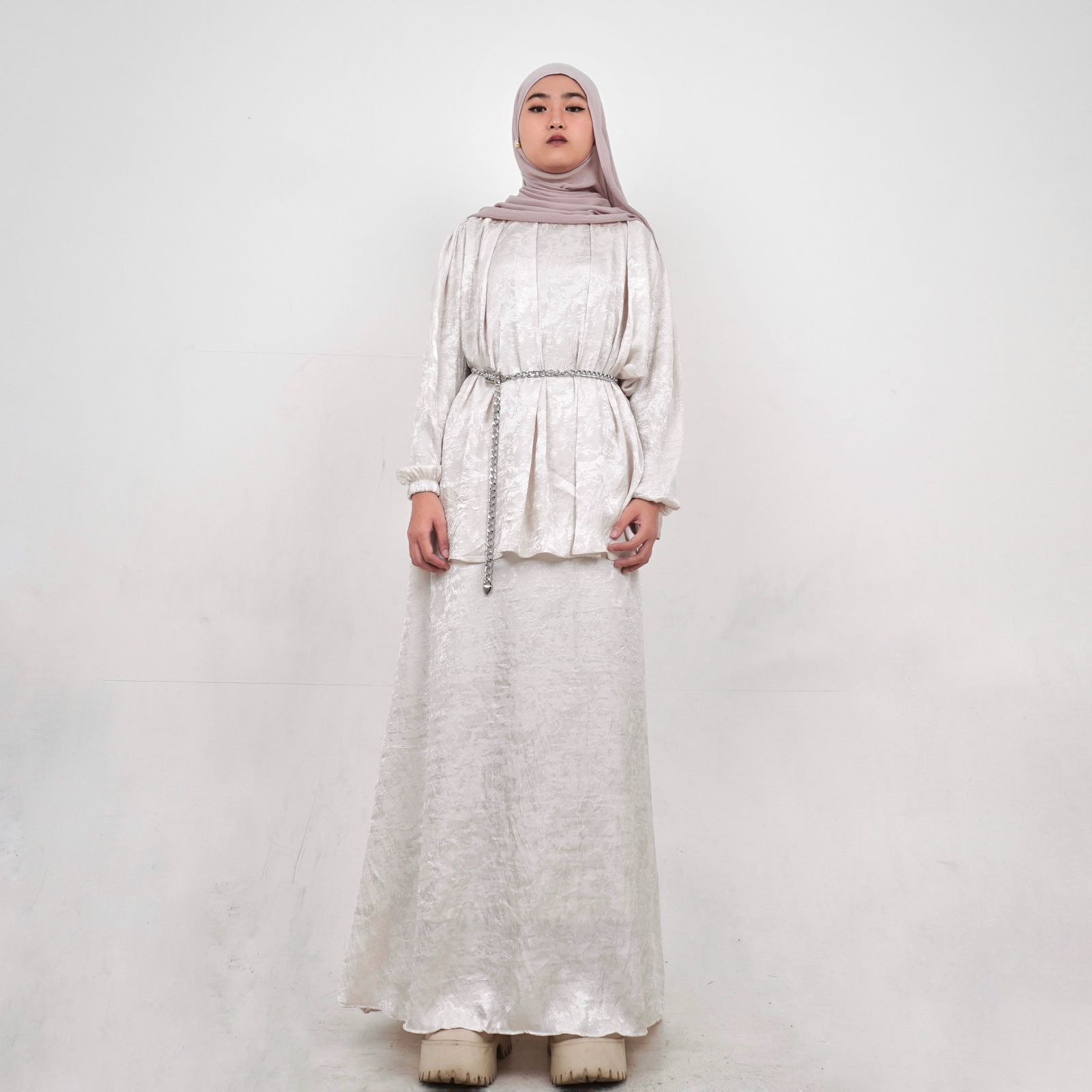 BELYANZA - Saffa One Set Silver & Cream Premium Atasan Skirt