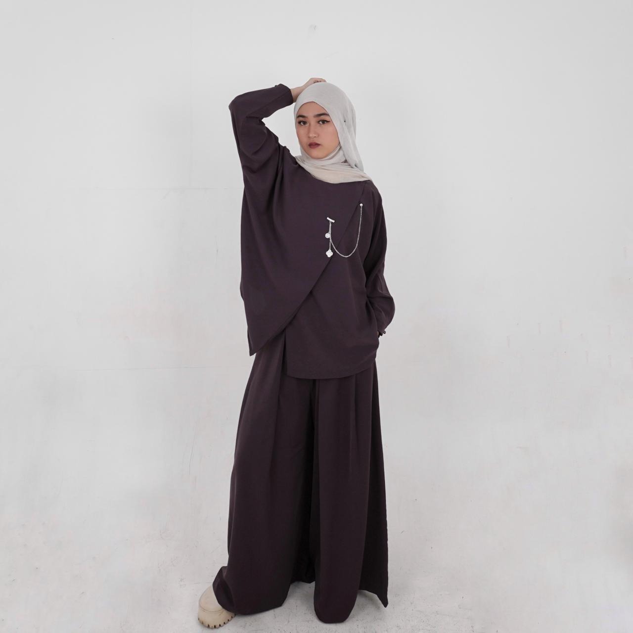 BELYANZA - Zava One Set Atasan Pants Kulot Palazzo Dark Purple Burgundy