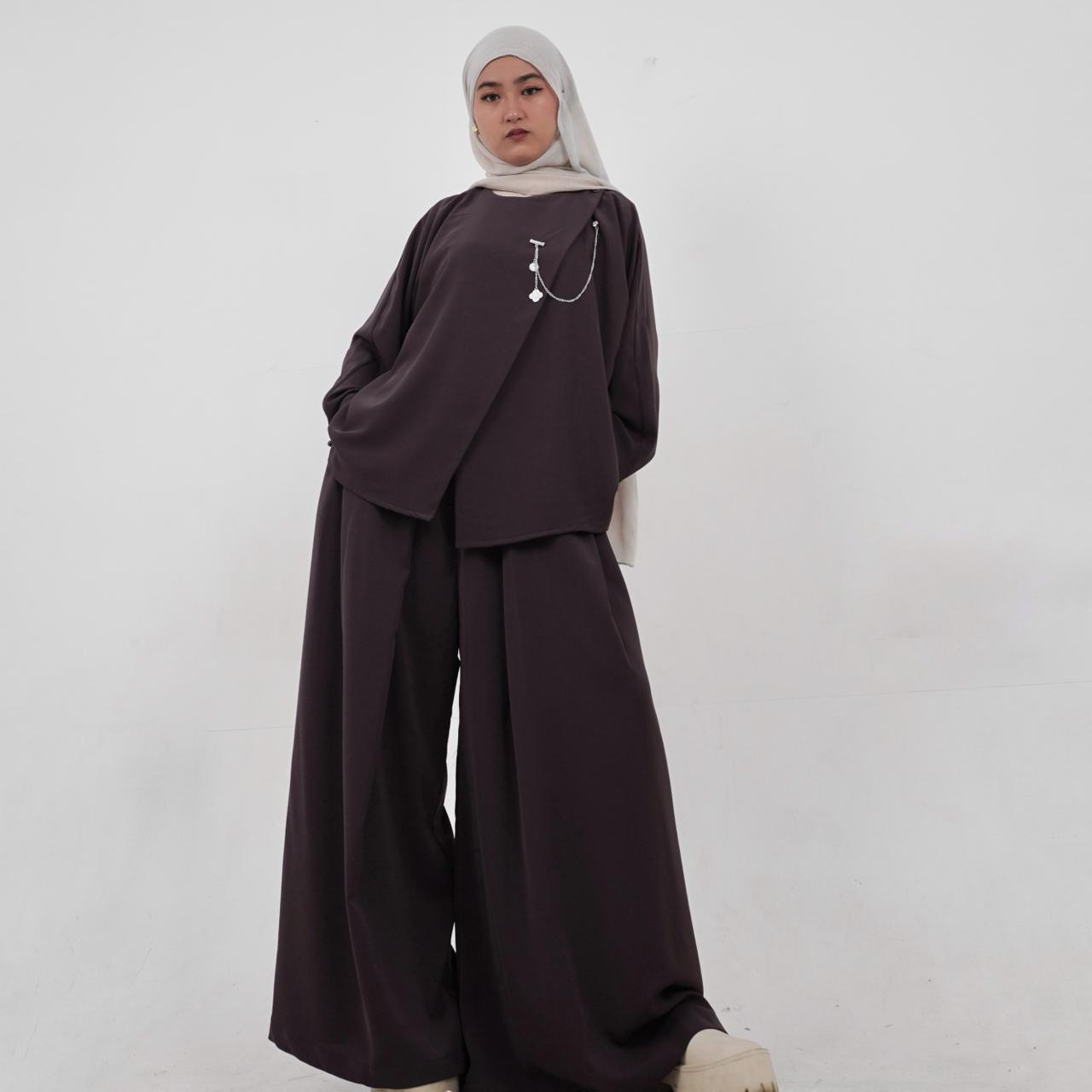 BELYANZA - Zava One Set Atasan Pants Kulot Palazzo Dark Purple Burgundy