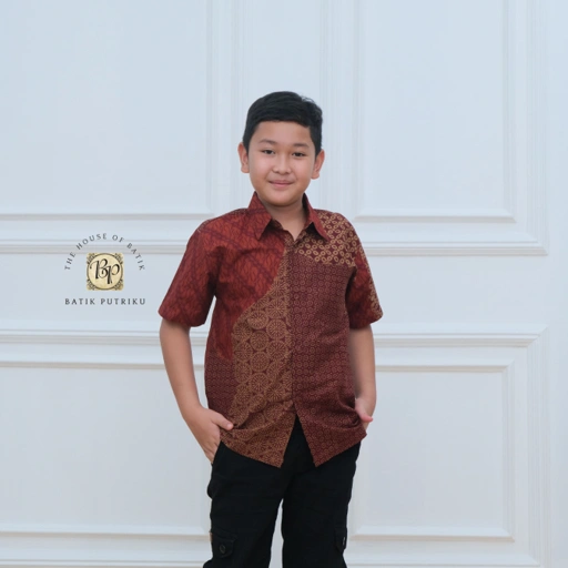 Image of Kemeja Anak Katun Marun Aliran Air