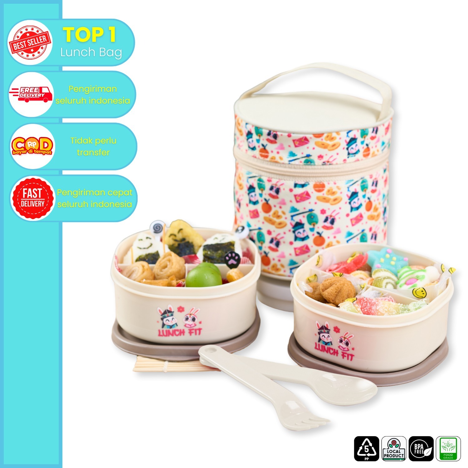 CPM Tas Bekal Makan Yakitori Set Of 3 Pcs Bonus Sendok Garpu krem