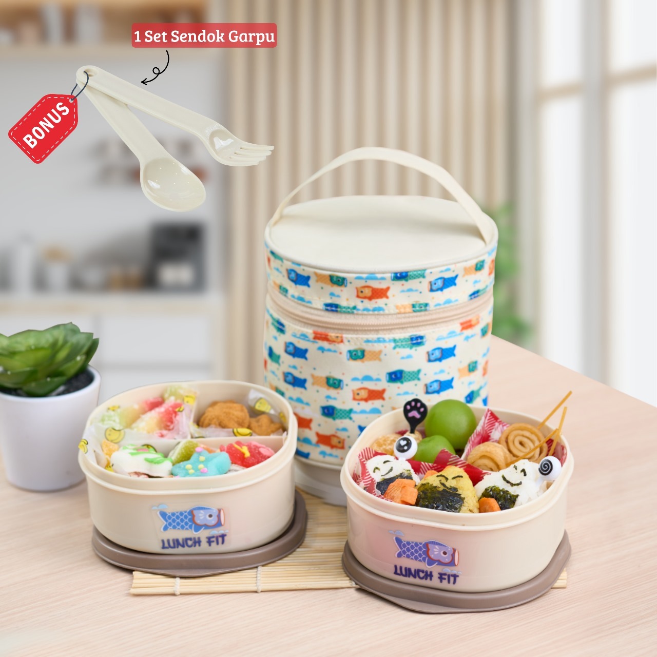 CPM Tas Bekal Makan Yakitori Set Of 3 Pcs Bonus Sendok Garpu krem