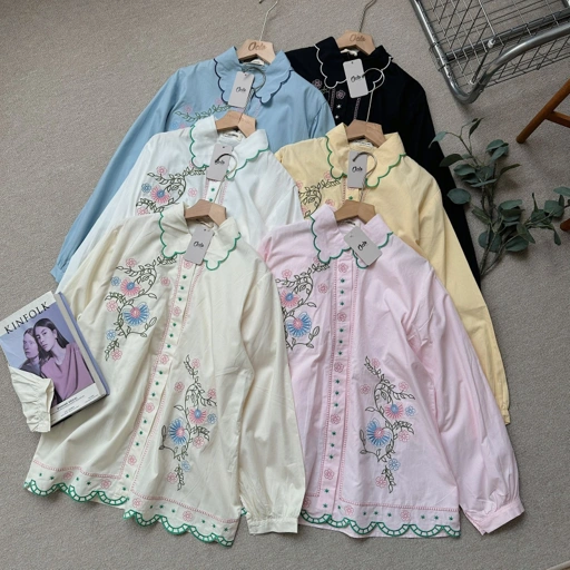 Image of Oclo Bisquila Shirt Atasan Kemeja Katun Wanita Oversize Motif Bordir Lengan Panjang OCL01140
